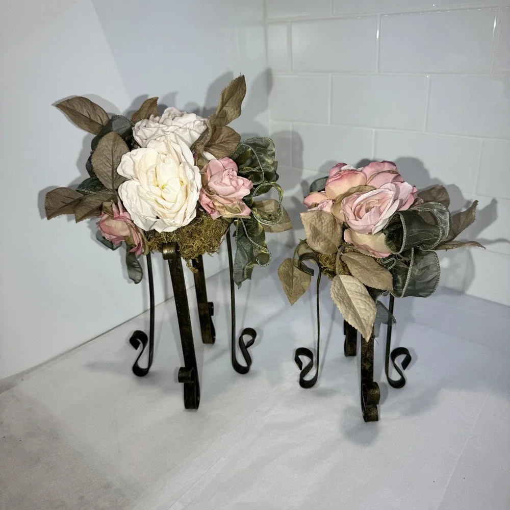Artificial Pink/Dusty Rose/moss Flower FAUX Bouquet w Iron Legs Green Ribbon‎